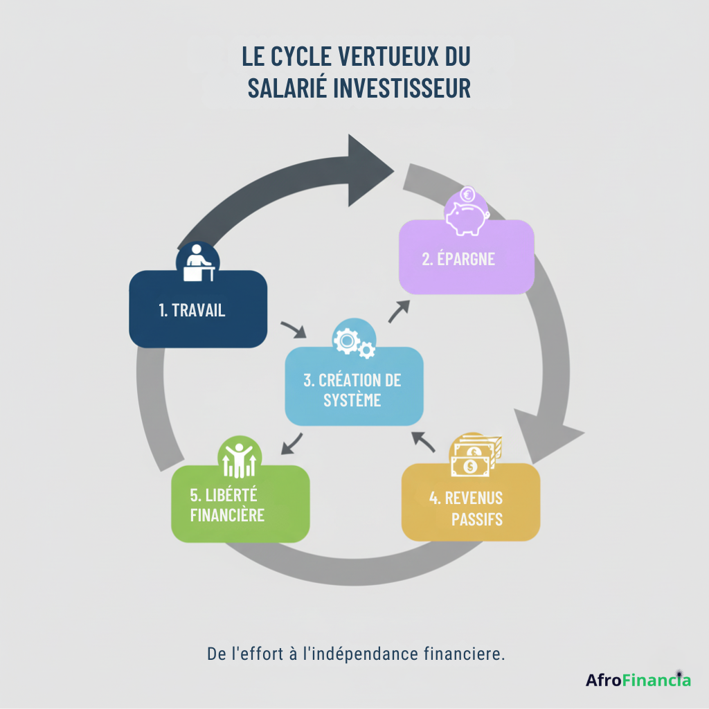 Le cycle vertueux du salarié investisseur : travail → épargne → système → revenus passifs → liberté financière