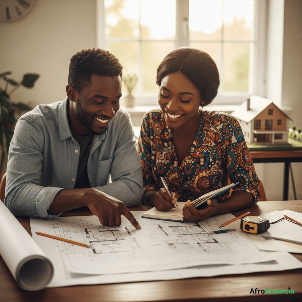 Un couple assis à une table avec des plans de maison étalés devant eux. L’homme pointe du doigt un détail sur le plan, tandis que la femme sourit, un carnet de notes à la main. En arrière-plan, une maquette de maison miniature.