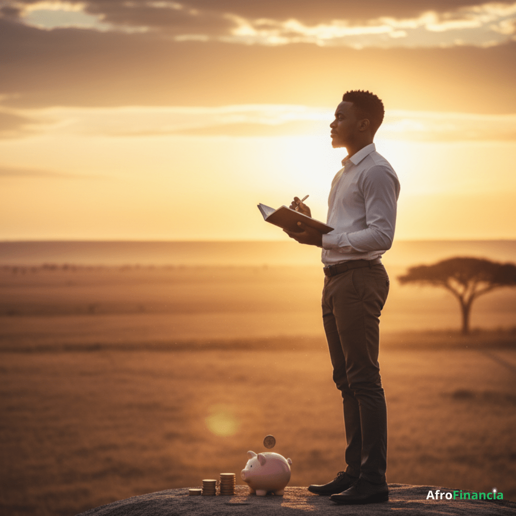 photo symbolique d'un Africain regardant le coucher du soleil, carnet en main, évoquant la vision et la discipline financière. 