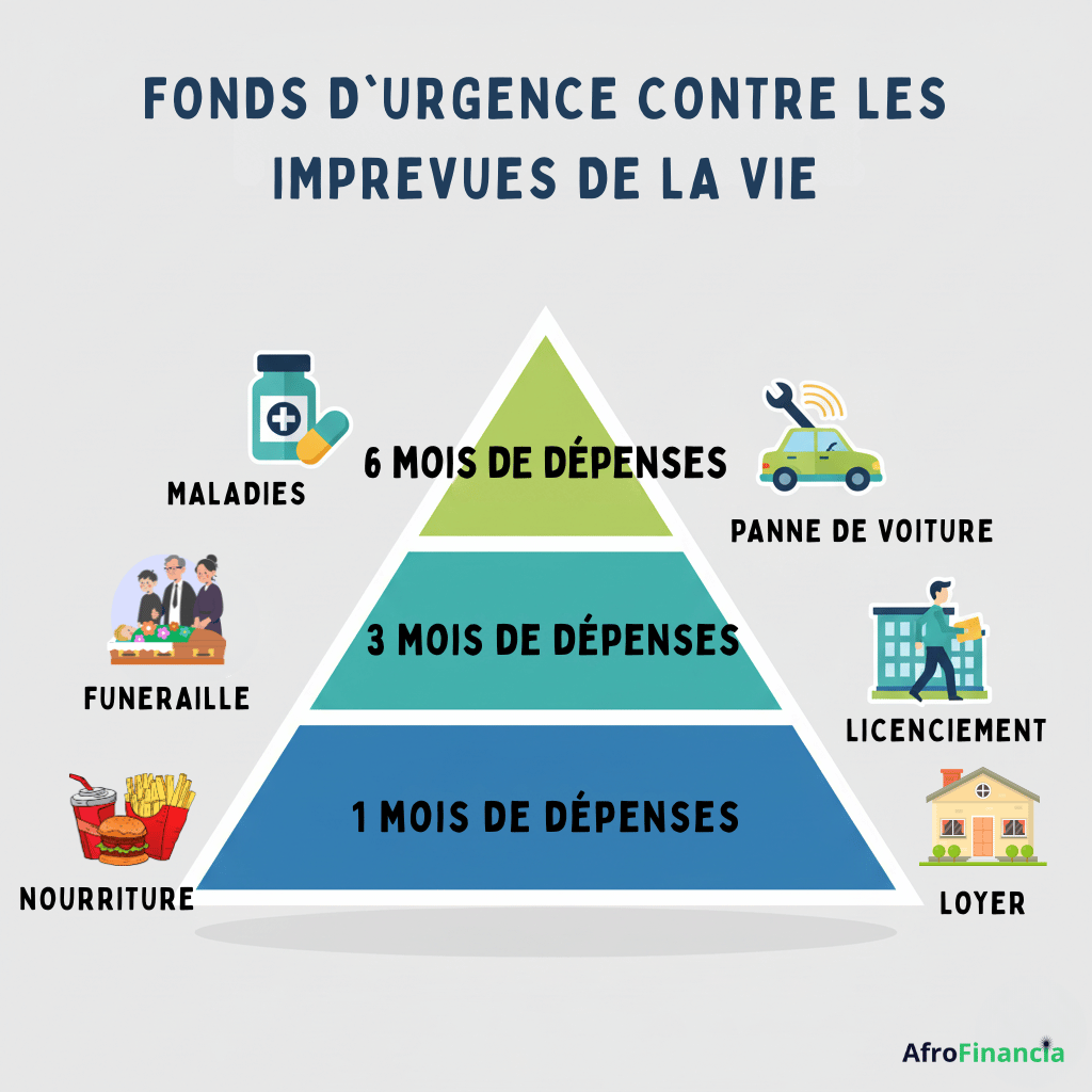 infographie illustrant l'importance de l'épargne d'urgence avec les différents niveaux de dépenses et les imprévus possibles