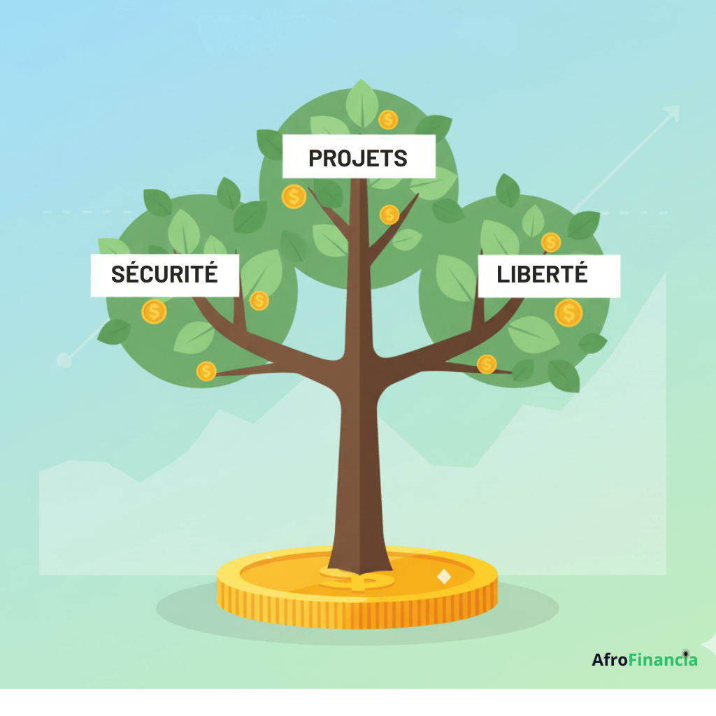 Infographie : Schéma illustrant un arbre qui pousse à partir d'une pièce de monnaie (la graine), avec des branches intitulées "Sécurité", "Projets" et "Avenir". Le titre est : "Faites germer votre salaire".]