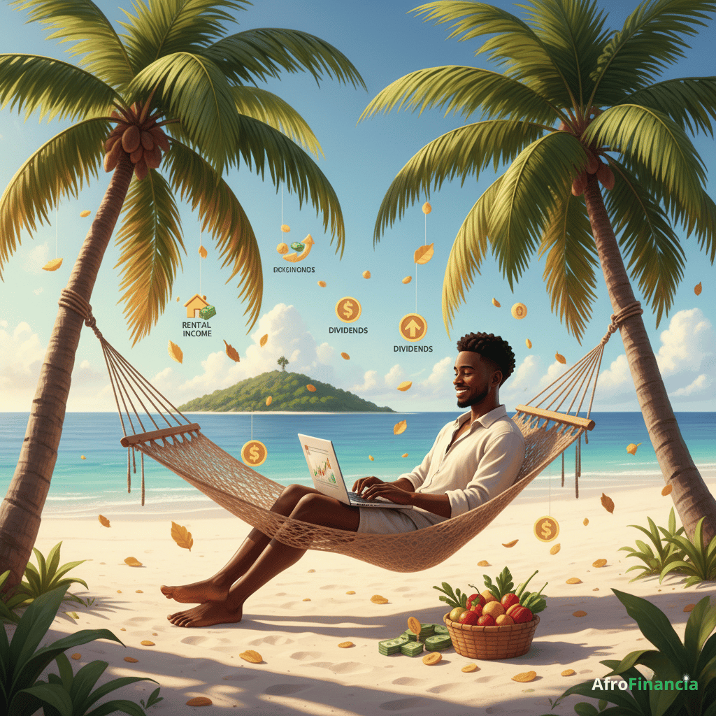 Une illustration stylisée montrant une personne africaine assise sur un hamac entre deux cocotiers, un ordinateur portable sur les genoux. Autour d’elle, des icônes de revenus passifs (loyer, dividendes, récoltes) tombent comme des feuilles d’arbre.