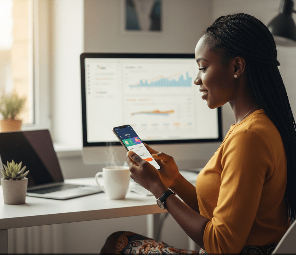 Une salariée africaine utilisant la technologie pour automatiser ses finances